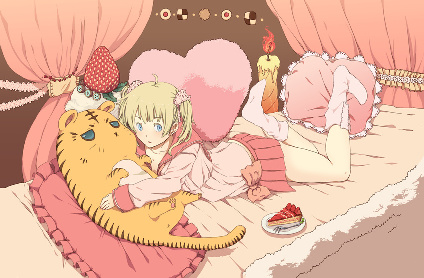 bad_id bad_pixiv_id bed blonde_hair blue_eyes bow cake candle checkerboard_cookie cookie food fork frilled_pillow frills fruit hatsune_miku highres jam_cookie lots_of_laugh_(vocaloid) lying miniskirt nail_polish on_stomach pastry pillow pink_nails pio_(doragonheart) plate school_uniform skirt socks solo strawberry stuffed_animal stuffed_toy tiger twintails vocaloid