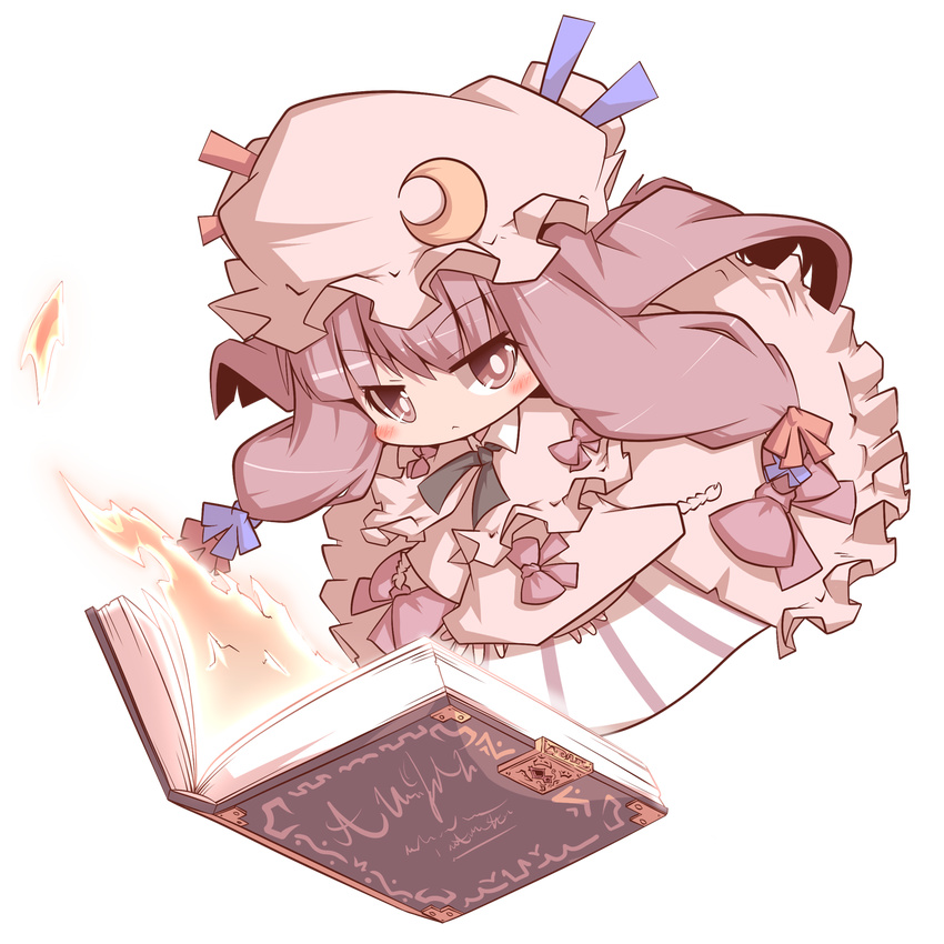 book bow chibi crescent fire full_body hair_ribbon hat highres md5_mismatch patchouli_knowledge ribbon satsuki_mei_(sakuramochi) solo touhou transparent_background