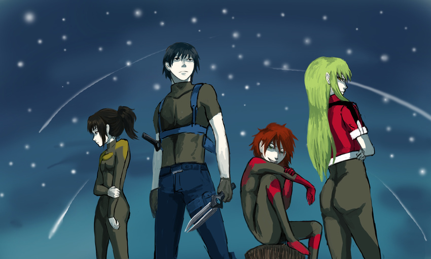 1boy 3girls amber bai black_gloves black_hair bodysuit brother_and_sister crossed_arms darker_than_black dtb gloves havoc hei highres knife multiple_girls night night_sky pai ponytail red_hair shooting_star siblings sky snow star thigh_strap weapon