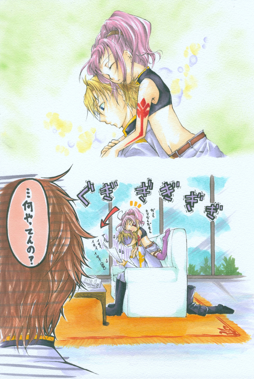 2boys absurdres anya_alstreim code_geass gino_weinberg highres hug hug_from_behind kururugi_suzaku minami-n multiple_boys traditional_media translation_request watercolor_(medium)