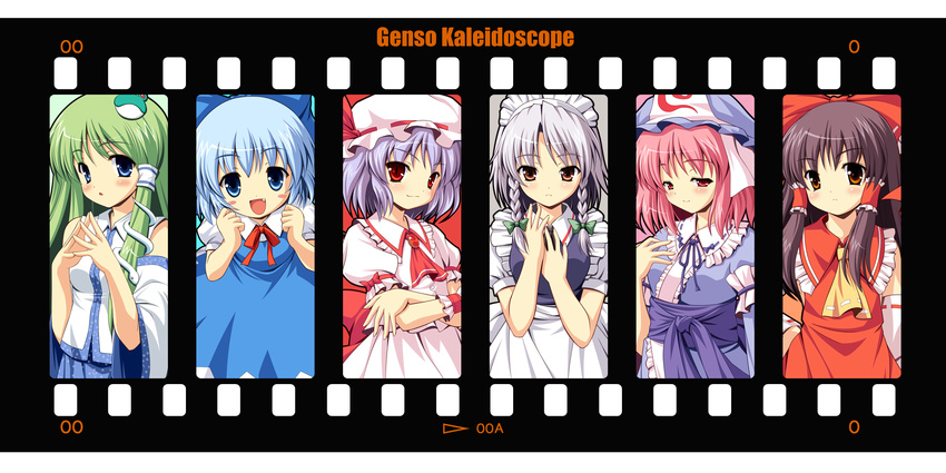 blush blush_stickers cirno crossed_arms fang film_strip hakurei_reimu hat highres izayoi_sakuya kochiya_sanae multiple_girls remilia_scarlet saigyouji_yuyuko steepled_fingers touhou yamasan