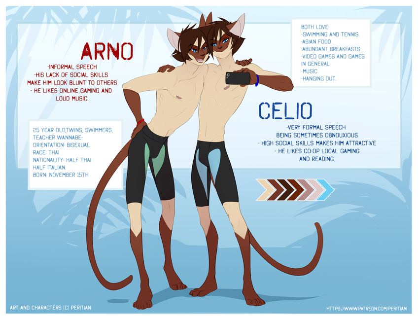 anthro arno atletic brown_fur brown_hair brown_nose cat celio clothed clothing feline fur hair half_naked information mammal peritian shorts sibling swimsuit twins