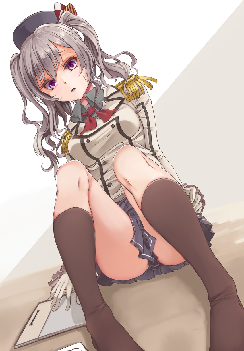 absurdres arms_at_sides black_legwear breasts epaulettes gloves hat highres kantai_collection kashima_(kantai_collection) kneehighs large_breasts long_hair looking_at_viewer medium_breasts military military_uniform miniskirt mizuiro_raika purple_eyes silver_hair sitting skirt solo sweat twintails uniform wavy_hair white_gloves wing_collar