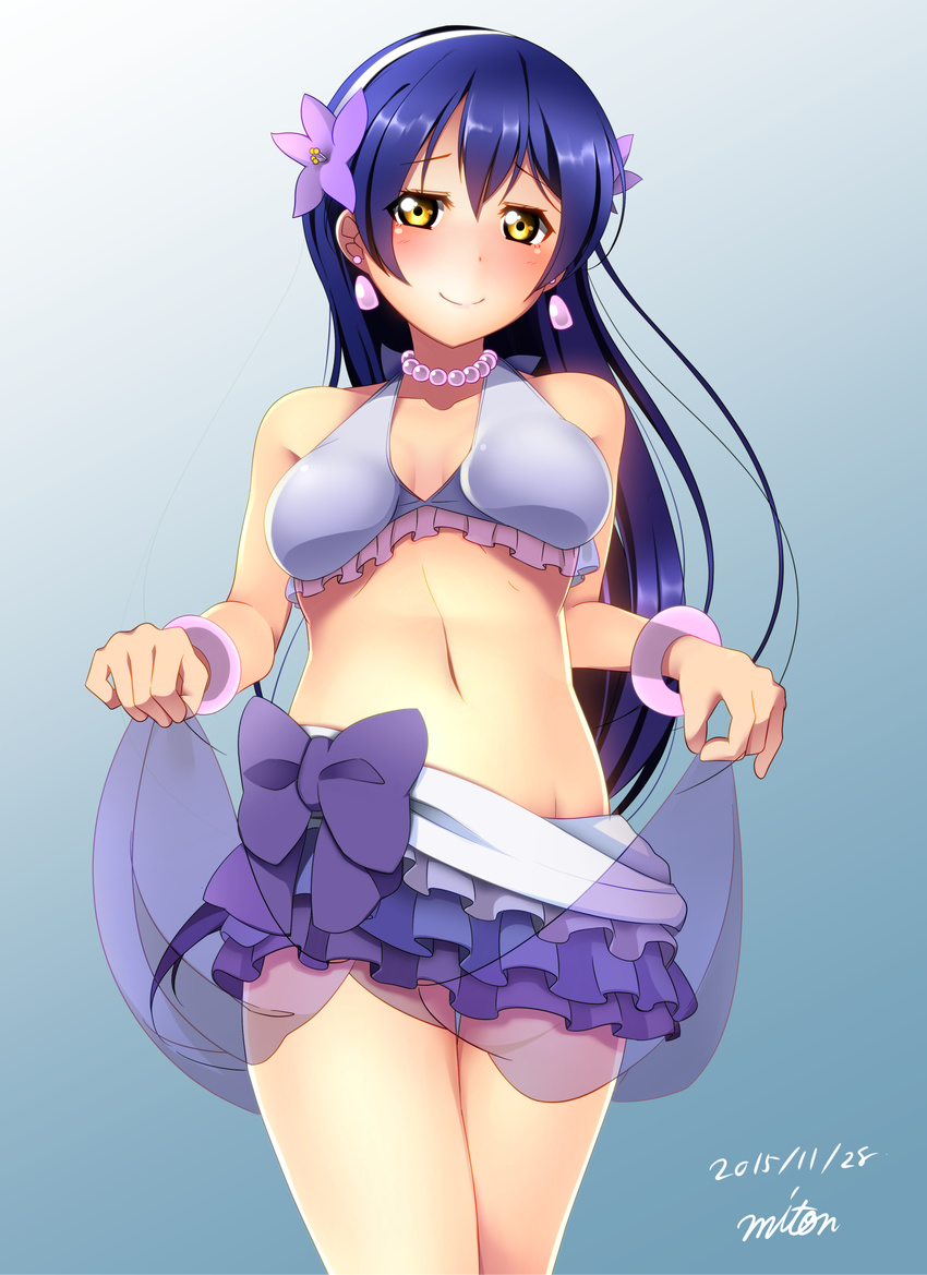 absurdres bad_id bad_pixiv_id bikini black_hair blush flower frills hair_flower hair_ornament hairband highres jewelry long_hair love_live! love_live!_school_idol_project midriff miton_(turuyasann) natsuiro_egao_de_1_2_jump! navel necklace pearl_necklace smile solo sonoda_umi swimsuit