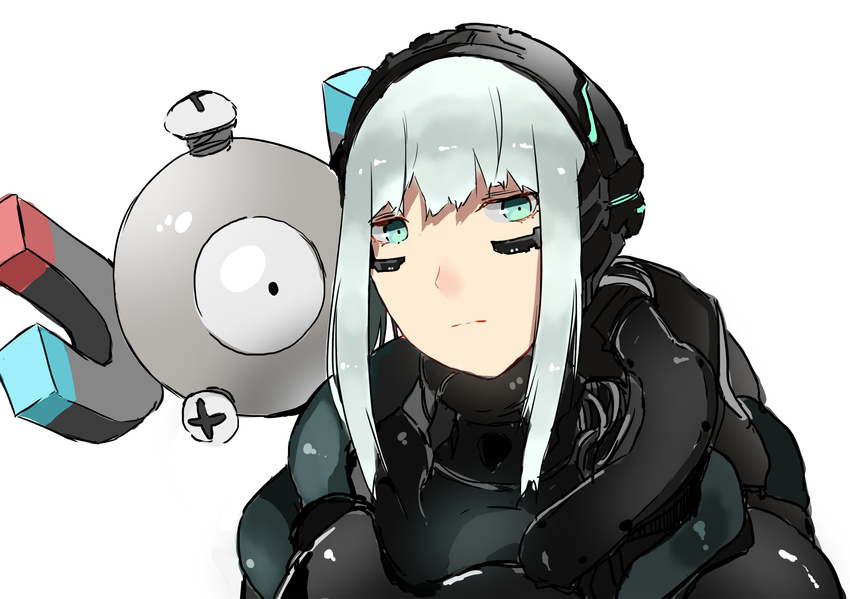 1girl aqua_eyes blame! cibo commentary_request crossover cyberpunk cyborg expressionless highres long_hair looking_at_viewer magnemite magnet orihika pokemon pokemon_(creature) pokemon_rgby screw sidelocks white_background white_hair