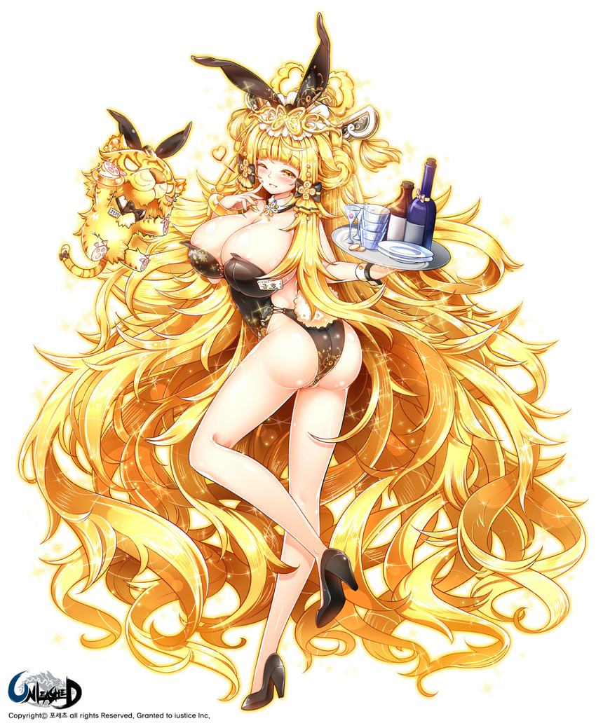 absurdly_long_hair alcohol animal_ears ass bad_id bad_pixiv_id big_hair blonde_hair bottle brooch bunny_ears bunny_tail bunnysuit cup detached_collar drinking_glass highres jewelry long_hair name_tag original poseich tail tiger tray unleashed very_long_hair wine wine_glass wrist_cuffs yellow_eyes