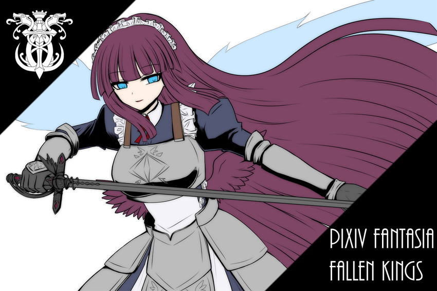 armor bad_id bad_pixiv_id blue_eyes copyright_name long_hair neko_nadeshiko pixiv_fantasia pixiv_fantasia_fallen_kings purple_hair solo sword very_long_hair weapon wings