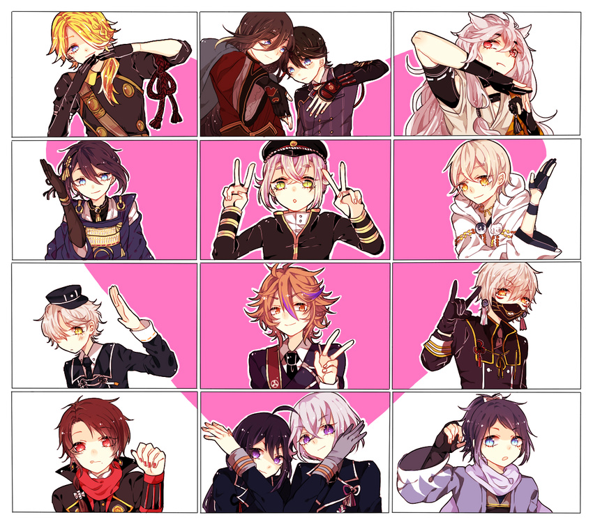 armor black_gloves black_hair blonde_hair blue_eyes brown_hair double_v fang fox_shadow_puppet gloves gokotai gotou_toushirou green_eyes hair_over_one_eye hat heart heart_trace honebami_toushirou horikawa_kunihiro hotarumaru izumi-no-kami_kanesada japanese_armor japanese_clothes kashuu_kiyomitsu kogitsunemaru male_focus menpoo mikazuki_munechika multiple_boys nakigitsune namazuo_toushirou purple_eyes red_eyes shishiou smile suika_shimo touken_ranbu tsurumaru_kuninaga v white_gloves white_hair yamato-no-kami_yasusada yellow_eyes