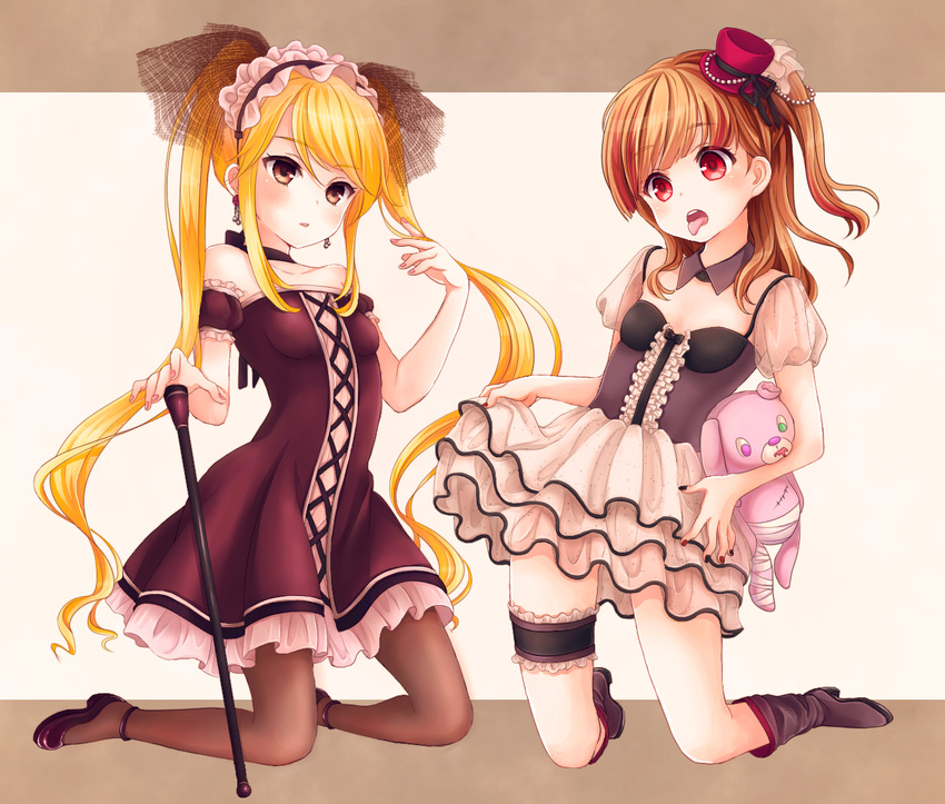 amari_akari anklet bare_shoulders blonde_hair breasts brown_eyes brown_hair cane center_frills corset cross-laced_clothes dress earrings frilled_skirt frills full_body girlfriend_(kari) hat ixym jewelry kneeling maid_headdress mini_hat mini_top_hat multiple_girls open_mouth pantyhose puffy_short_sleeves puffy_sleeves red_dress red_eyes see-through short_sleeves side_ponytail simple_background skirt small_breasts stuffed_animal stuffed_toy tokitani_koruri tongue tongue_out top_hat twintails walking_stick