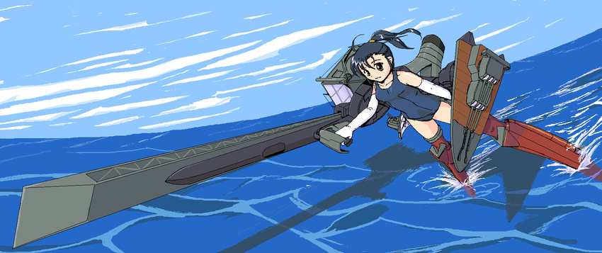 bare_shoulders black_hair brown_eyes catapult cloud cruiser day elbow_gloves flying gloves gun highres long_hair mecha_musume military military_vehicle nanashi_(7th_exp) ocean one-piece_swimsuit ooyodo_(light_cruiser) original personification perspective ponytail school_swimsuit shadow ship smile smokestack soaking_feet solo swimsuit thighhighs turret warship water watercraft weapon world_war_ii
