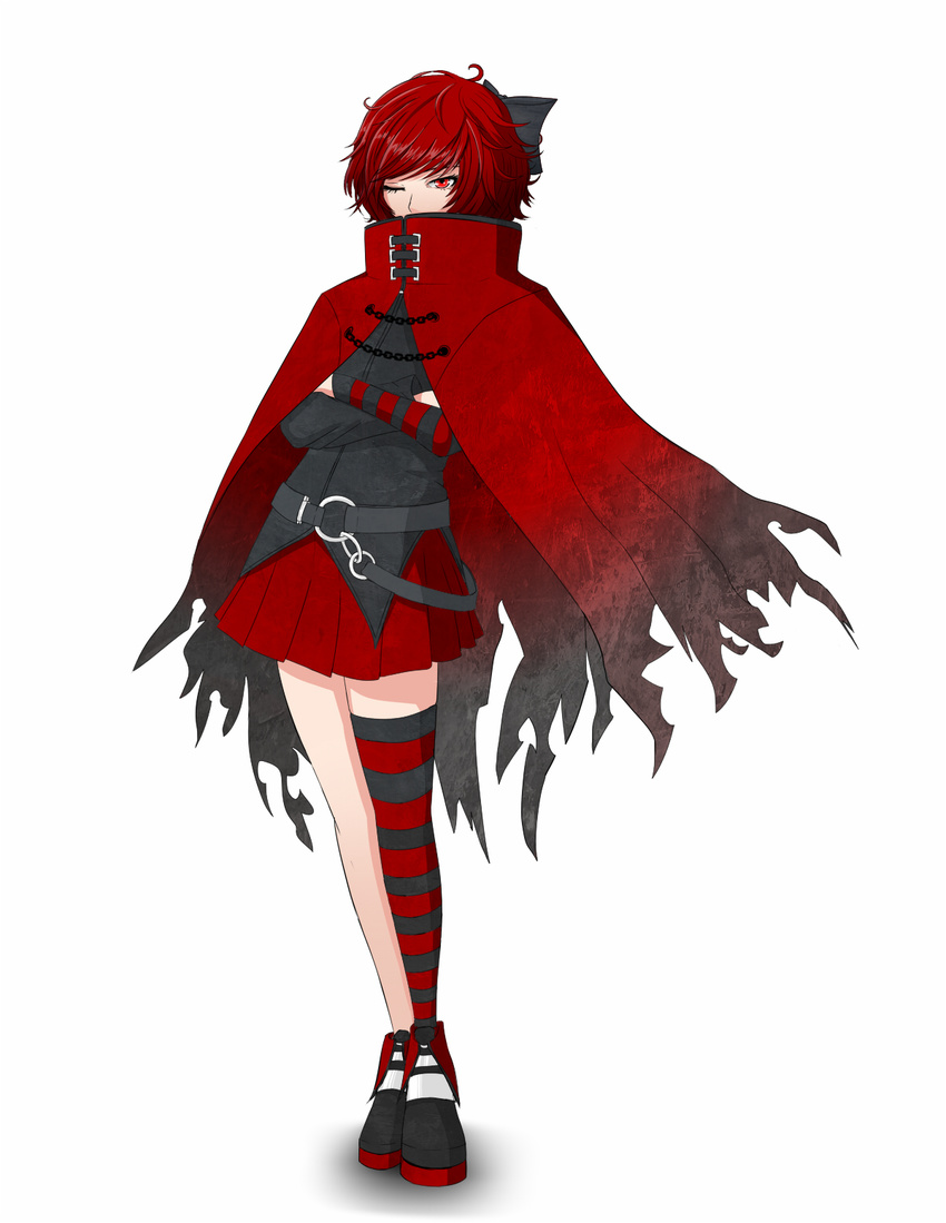 bow cape chain covered_mouth crossed_arms embellished_costume feet_together hair_bow high_collar highres large_bow legs_together messy_hair miniskirt mismatched_legwear mismatched_sleeves one_eye_closed pleated_skirt red_eyes red_hair sekibanki shoes short_hair single_thighhigh skirt sneakers solo stilts_(artist) striped striped_legwear thighhighs torn_cape touhou tsurime tunic villain_pose