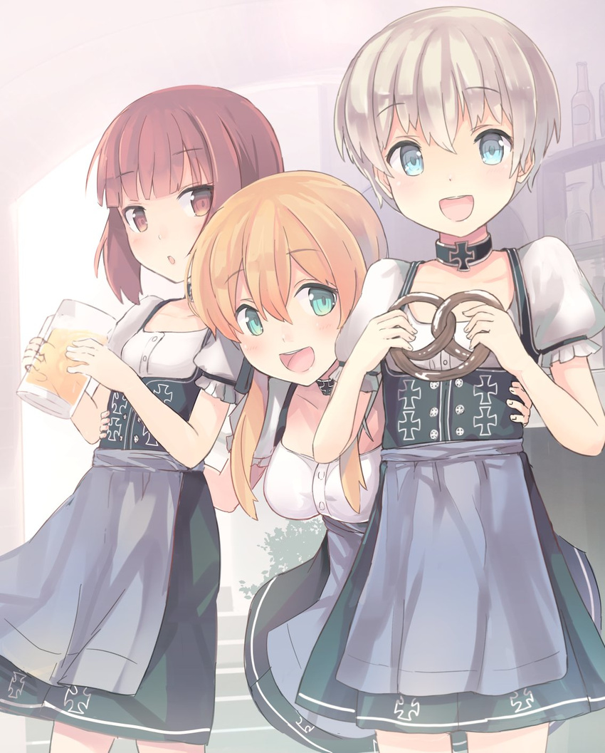 alcohol alternate_costume apron aqua_eyes beer beer_mug blonde_hair blue_apron blush brown_eyes commentary_request cup dirndl food german_clothes highres holding holding_cup iron_cross isegawa_yasutaka kantai_collection matching_outfit multiple_girls oktoberfest open_mouth pretzel prinz_eugen_(kantai_collection) short_hair skirt smile twintails waist_apron white_hair z1_leberecht_maass_(kantai_collection) z3_max_schultz_(kantai_collection)