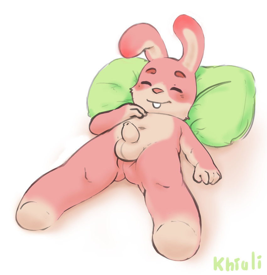 anthro badgegrab balls barefoot blush buckteeth erection eyes_closed featureless_legs khiuli lagomorph long_foreskin lying male mammal navel nintendo nintendo_badge_arcade nude on_back penis perineum perspective pillow rabbit sleeping solo teeth uncut video_games