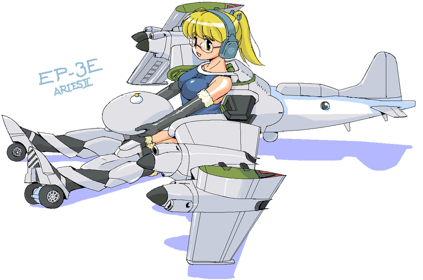 aircraft airplane bare_shoulders blonde_hair character_name elbow_gloves fur_trim glasses gloves green_eyes headset kagami_mochi long_hair mecha_musume military nanashi_(7th_exp) one-piece_swimsuit open_mouth original p-3_orion personification ponytail school_swimsuit shadow sitting smile solo swimsuit wheel