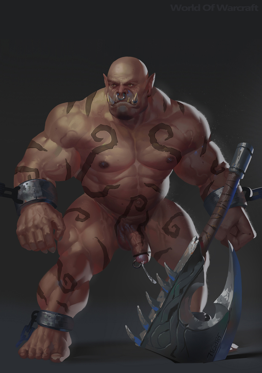 5_toes abs axe balls barazoku beard biceps big_muscles brown_eyes chain cock_ring digital_media_(artwork) erection facial_hair facial_piercing fangs fist hairless hi_res humanoid humanoid_penis melee_weapon musclegut muscular navel nipples nose_piercing nose_ring not_furry nude orc pecs penis piercing plantigrade precum prisioner simple_background solo standing tattoo tigari toes vein veiny_penis video_games warcraft weapon world_of_warcraft