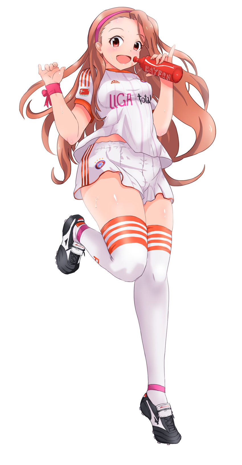 absurdres brown_hair bundesliga fc_bayern_munchen germany hairband highres idolmaster idolmaster_(classic) long_hair looking_at_viewer minase_iori open_mouth red_eyes soccer soccer_uniform solo sportswear zabioz