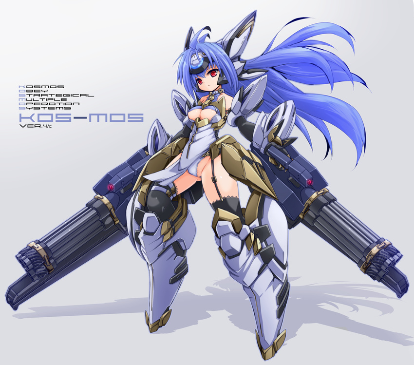 android blue_hair breasts cleavage elbow_gloves gloves highres karukan_(monjya) kos-mos kos-mos_ver._4 long_hair md5_mismatch medium_breasts red_eyes solo thighhighs underboob very_long_hair weapon xenosaga xenosaga_episode_iii