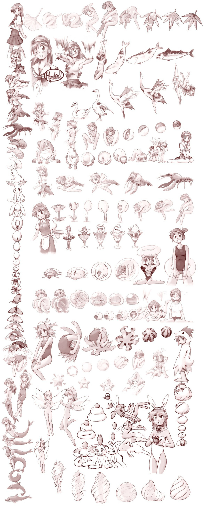 absurdres all_fours animal_ears arms_up bare_shoulders bird blush bug bunny bunny_ears bunnysuit butterfly carrot chicken_costume closed_eyes dolphin egg fish flower food frog fruit gen_1_pokemon gen_3_pokemon hair_over_breasts henshin highres innertube insect jirachi leaf legendary_pokemon long_hair looking_at_viewer mermaid monochrome monster_girl nude one-piece_swimsuit original pokemon pokemon_(creature) qkut school_uniform serafuku short_hair sitting skirt smile star swimsuit teapot top-down_bottom-up torn_clothes transformation voltorb wariza watermelon wings
