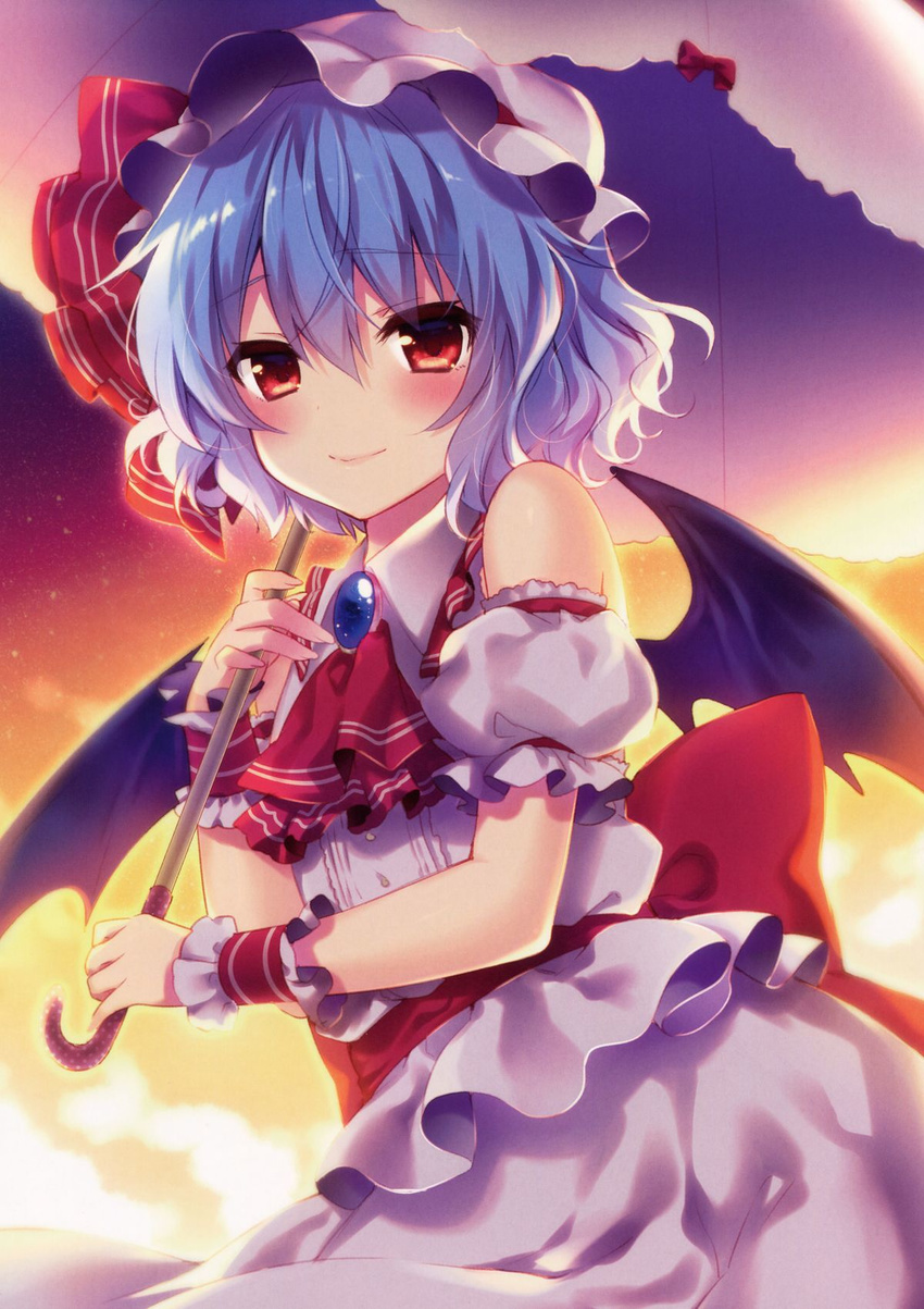 adapted_costume ascot bat_wings blue_hair blush detached_sleeves gradient gradient_background hat hat_ribbon highres imageboard_sample jpeg_artifacts looking_at_viewer mob_cap non-web_source parasol puffy_sleeves red_eyes remilia_scarlet ribbon riichu sash scan shirt short_hair short_sleeves skirt skirt_set sky smile solo touhou umbrella wings wrist_cuffs