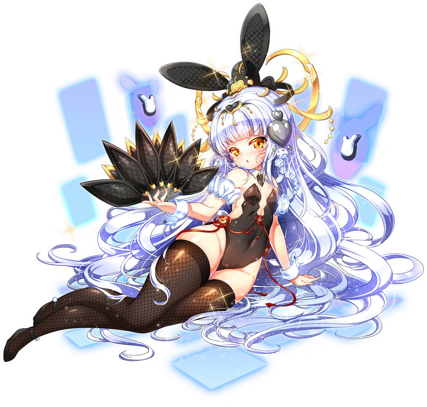 absurdres animal_ears arm_support bad_id bad_pixiv_id bare_shoulders blue_hair breasts bunny_ears bunnysuit covered_navel fan fishnet_legwear fishnets folding_fan groin hair_ornament high_heels highres leotard long_hair lying on_side original poseich shoes small_breasts solo thighhighs thighs unleashed very_long_hair yellow_eyes