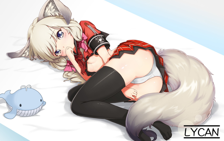 absurdres animal_ear_fluff animal_ears artist_name bangs black_legwear blade_&amp;_soul blonde_hair blue_eyes blunt_bangs blush bow breasts checkered checkered_skirt covering_mouth doll fox_ears fox_tail hair_bow heart highres kitsune long_hair looking_at_viewer lycan lying lyn_(blade_&amp;_soul) midriff on_side panties pantyshot pantyshot_(lying) pink_bow red_skirt short_sleeves skirt small_breasts solo star star-shaped_pupils stuffed_whale symbol-shaped_pupils tail thighhighs underboob underwear white_panties