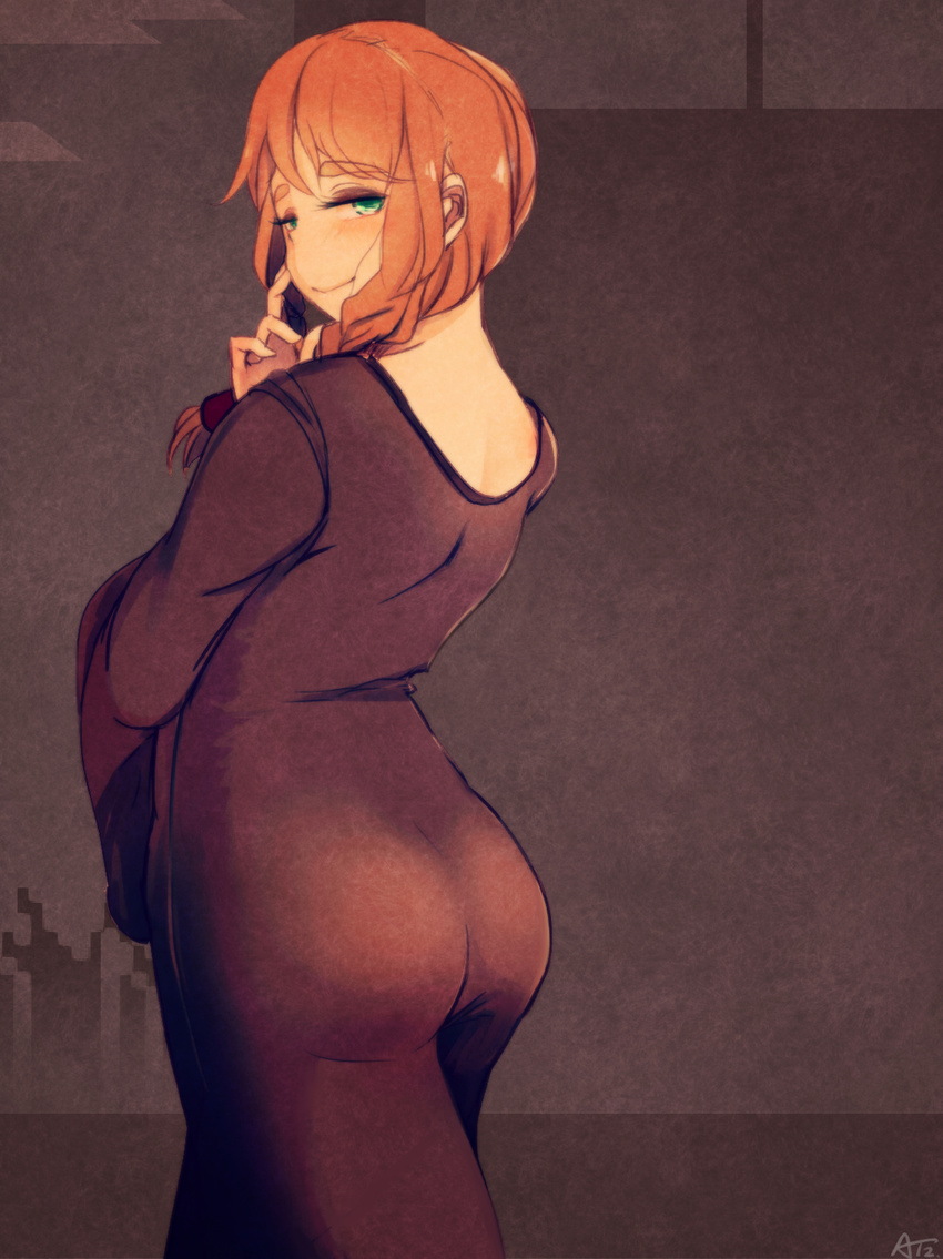 ass at2. back black_dress blush braid dress green_eyes highres long_hair looking_at_viewer looking_back minecraft orange_hair smile solo villager_(minecraft)