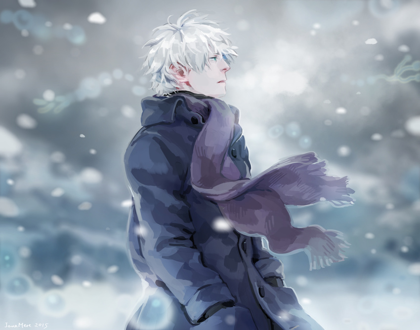 aqua_eyes bangs black_gloves breath coat cold from_side ginko gloves hands_in_pockets jane_mere long_sleeves looking_away male_focus mushishi outdoors parted_lips purple_scarf scarf snow snowing solo upper_body white_hair winter