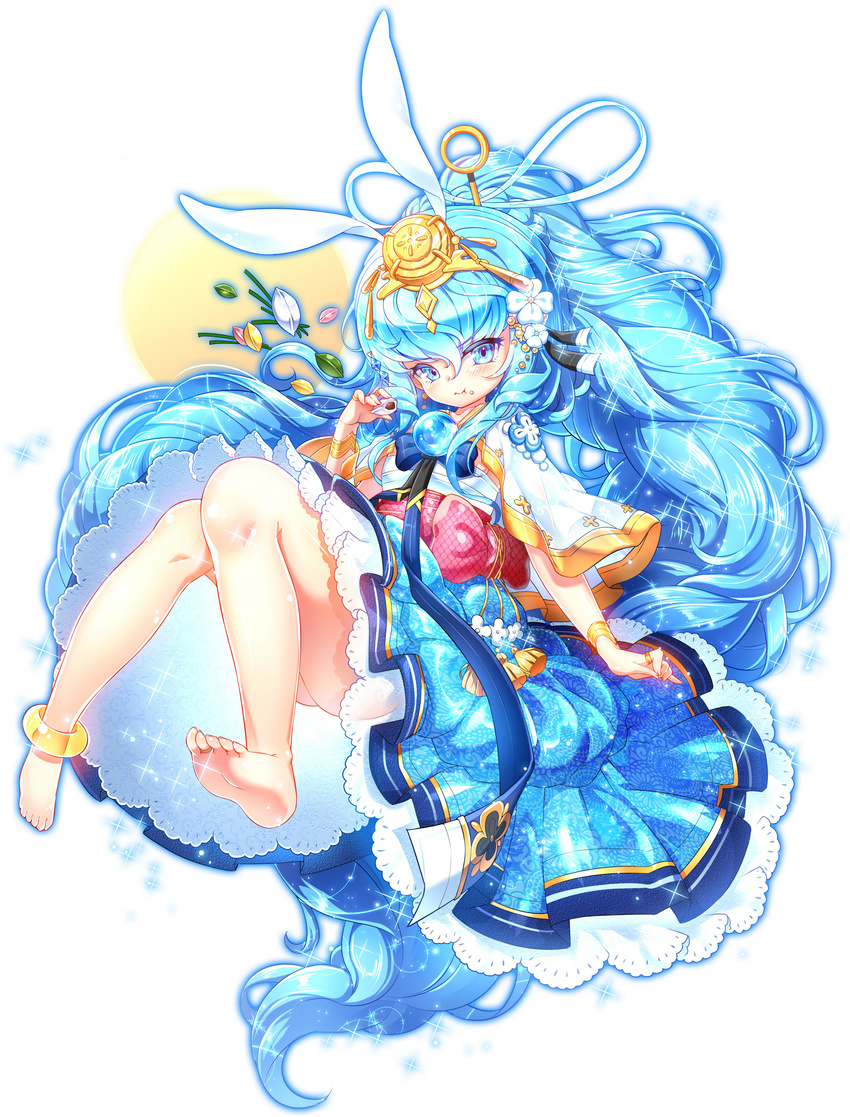 absurdres animal_ears anklet bad_id bad_pixiv_id barefoot blue_dress blue_eyes blue_hair bracelet bunny_ears dress eating food gem hair_ornament highres jewelry knees_together_feet_apart legs long_hair original poseich ring solo unleashed very_long_hair