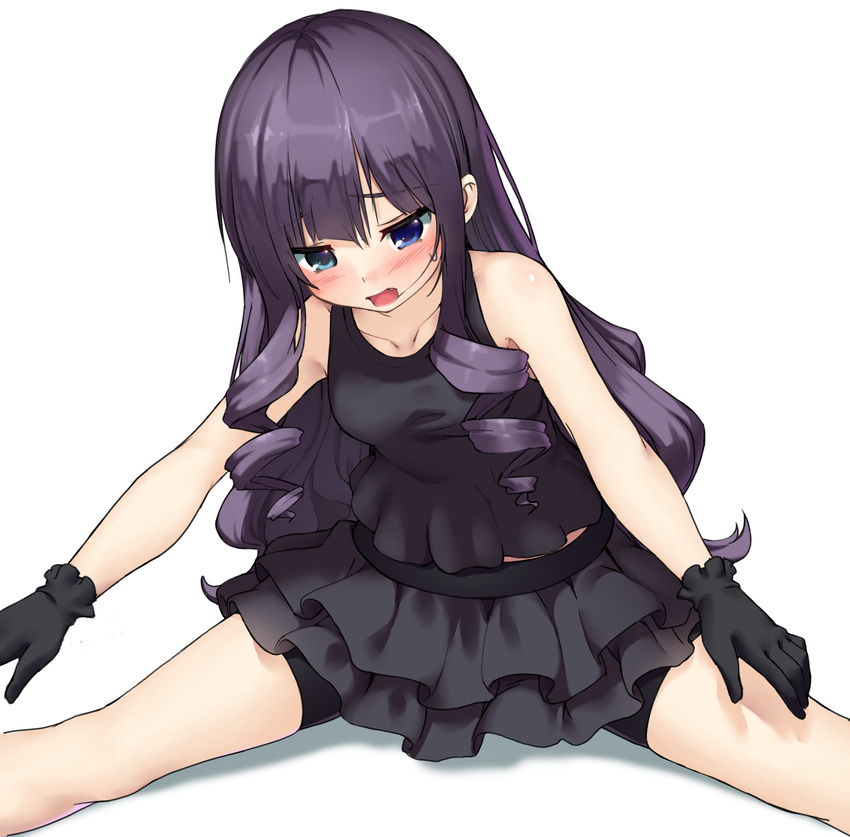 absurdres anitore!_ex bare_shoulders bike_shorts black_gloves black_skirt blue_eyes blush drill_hair ebiebiebio fang feet_out_of_frame frilled_skirt frills gloves green_eyes heterochromia highres long_hair open_mouth purple_hair sitting skirt solo stretch tachibana_shion tank_top