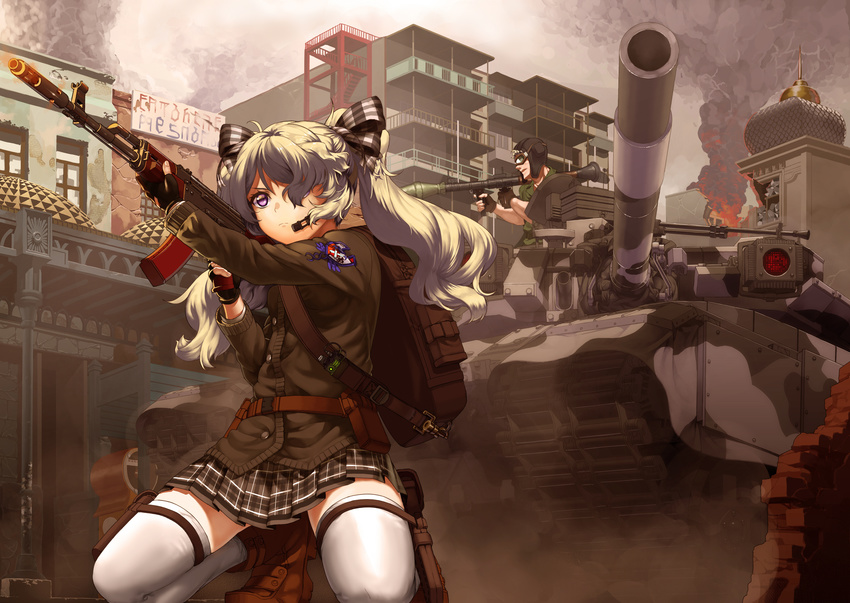 1girl absurdres ak-74 assault_rifle bad_id bad_pixiv_id bag caterpillar_tracks debris fingerless_gloves firing gloves ground_vehicle gun hair_over_one_eye hair_ribbon harumaki-0327 harumaki_haruki headset highres holster military military_vehicle motor_vehicle original pleated_skirt ribbon rifle rocket_launcher rpg rpg-7 silver_hair skirt smoke t-90 tank thigh_holster thighhighs twintails war weapon zettai_ryouiki