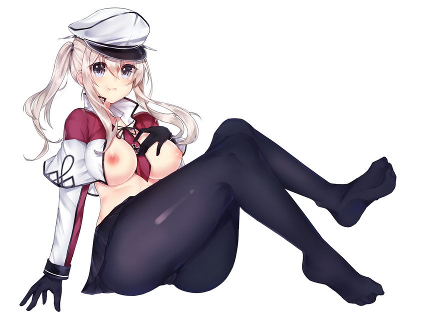 :t absurdres arm_support ass black_legwear blonde_hair breasts cameltoe gloves graf_zeppelin_(kantai_collection) grey_eyes hat highres jacket kantai_collection large_breasts legs miniskirt necktie open_clothes osiimi pantyhose peaked_cap sitting skirt solo thighs twintails