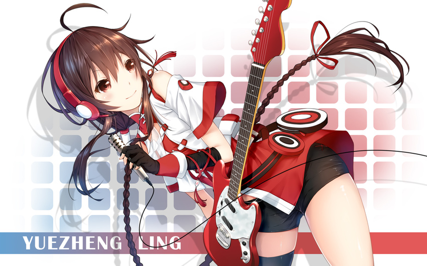 ahoge bare_shoulders bent_over bike_shorts black_gloves blush braid brown_eyes brown_hair cable character_name dress elbow_gloves fender_mustang fingerless_gloves gloves guitar headphones headset highres instrument kurisu_tina long_hair looking_back microphone red_dress see-through short_sleeves sidelocks simple_background single_braid smile solo very_long_hair vest vocaloid vocanese white_vest yuezheng_ling