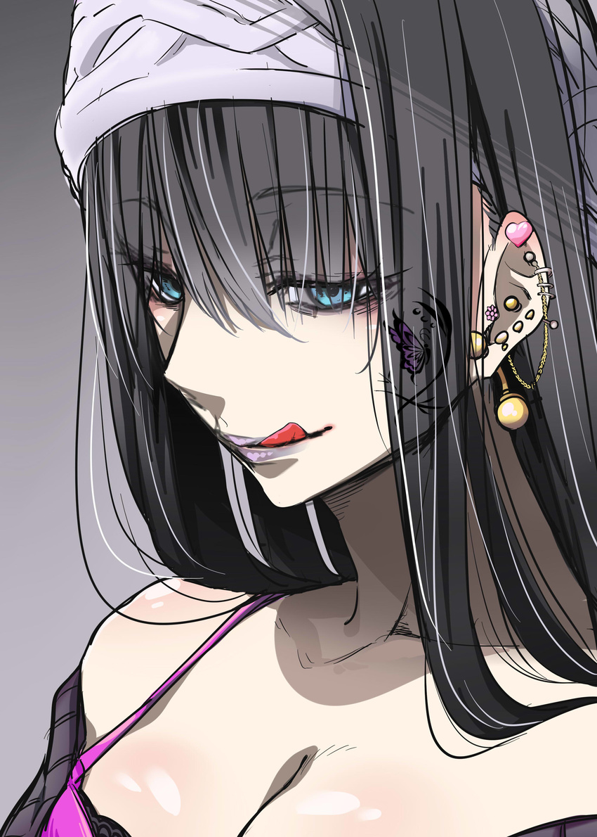 :q absurdres blue_eyes breasts cleavage ear_piercing facial_tattoo grey_background hair_over_eyes haruichi highres idolmaster idolmaster_cinderella_girls lipstick long_hair looking_at_viewer makeup medium_breasts multiple_piercings out_of_character piercing purple_lipstick sagisawa_fumika simple_background smile solo tattoo tongue tongue_out