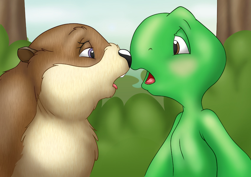 alternate_version_available beaker beaver_(franklin) buckteeth clothed clothing cub digital_media_(artwork) duo eye_contact female franklin franklin_turtle half-dressed kissing male male/female mizzyam reptile scalie shell-less side_view teeth tongue tongue_out topless turtle young