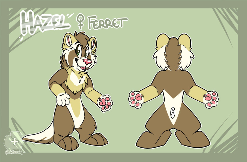 2015 2016 4_fingers 4_toes anthro border brown_fur character_name chest_markings eyebrows eyelashes fangs ferret fur green_background green_border green_eyes hazel_(hazelferret) mammal markings model_sheet mustelid outline pawpads pink_nose pink_pawpads simple_background sockune spotted_nose spotted_tongue toes tongue tongue_out watermark white_fur ♀