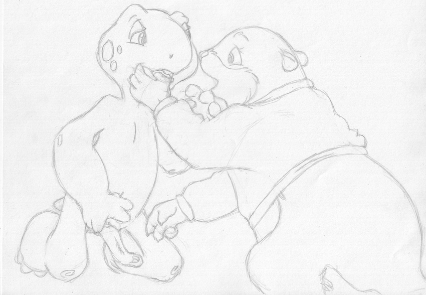 animal_genitalia anthro beaver betty_(franklin) bottomless chubby clothed clothing cupping_chin duo erection eye_contact female franklin franklin_turtle genital_slit greyscale half-dressed imminent_kiss kneeling male male/female mammal mizzyam monochrome nude open_mouth pencil_(artwork) penis reaching reptile rodent scalie shell-less slit sweater traditional_media_(artwork) turtle