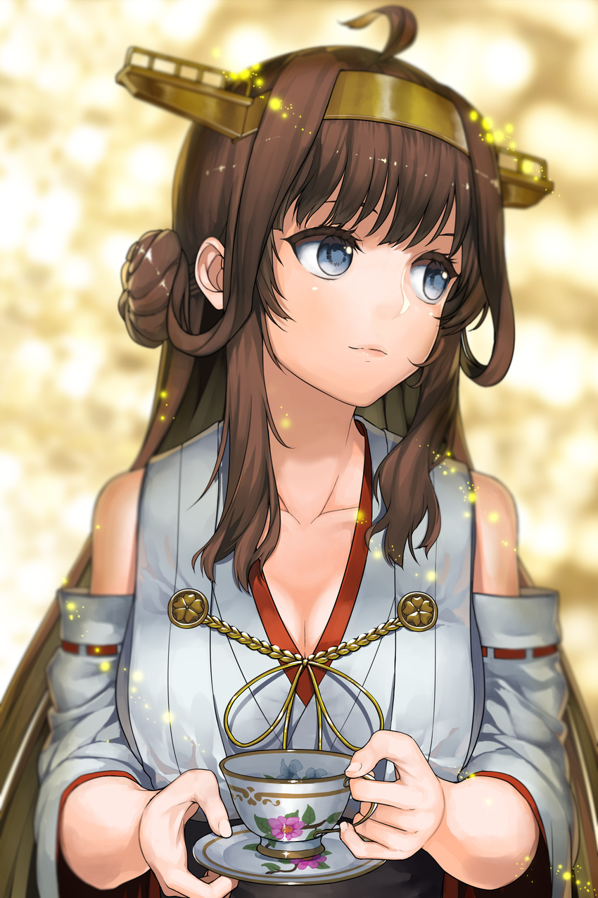 absurdres ahoge bad_id bad_pixiv_id blue_eyes breasts brown_hair cleavage collarbone colored_eyelashes cup double_bun hairband harumaki_haruki headgear highres japanese_clothes kantai_collection kongou_(kantai_collection) long_hair looking_away medium_breasts nontraditional_miko smile solo teacup