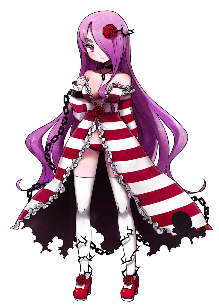 absurdres body_blush chain criminal_girls cuffs dress flower frilled_dress frills full_body hair_flower hair_ornament hair_over_one_eye highres himekami_(criminal_girls) ichihaya long_hair neck_ribbon official_art panties pink_eyes pink_hair red_footwear red_panties ribbon shackles shoes simple_background solo striped striped_dress thighhighs torn_clothes underwear very_long_hair white_background white_legwear