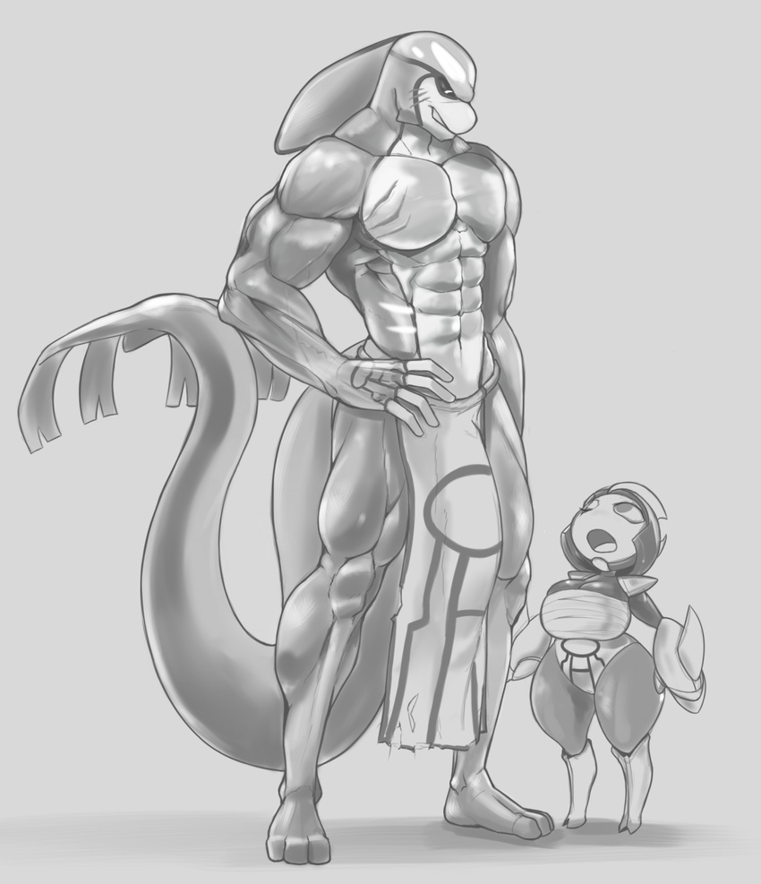 anthro big_breasts bisharp black_sclera breasts bulge cleavage clothed clothing duo female greyscale kyogre legendary_pok&eacute;mon loincloth male monochrome muscular nintendo open_mouth pok&eacute;mon pok&eacute;morph scar size_difference smile video_games xopachi