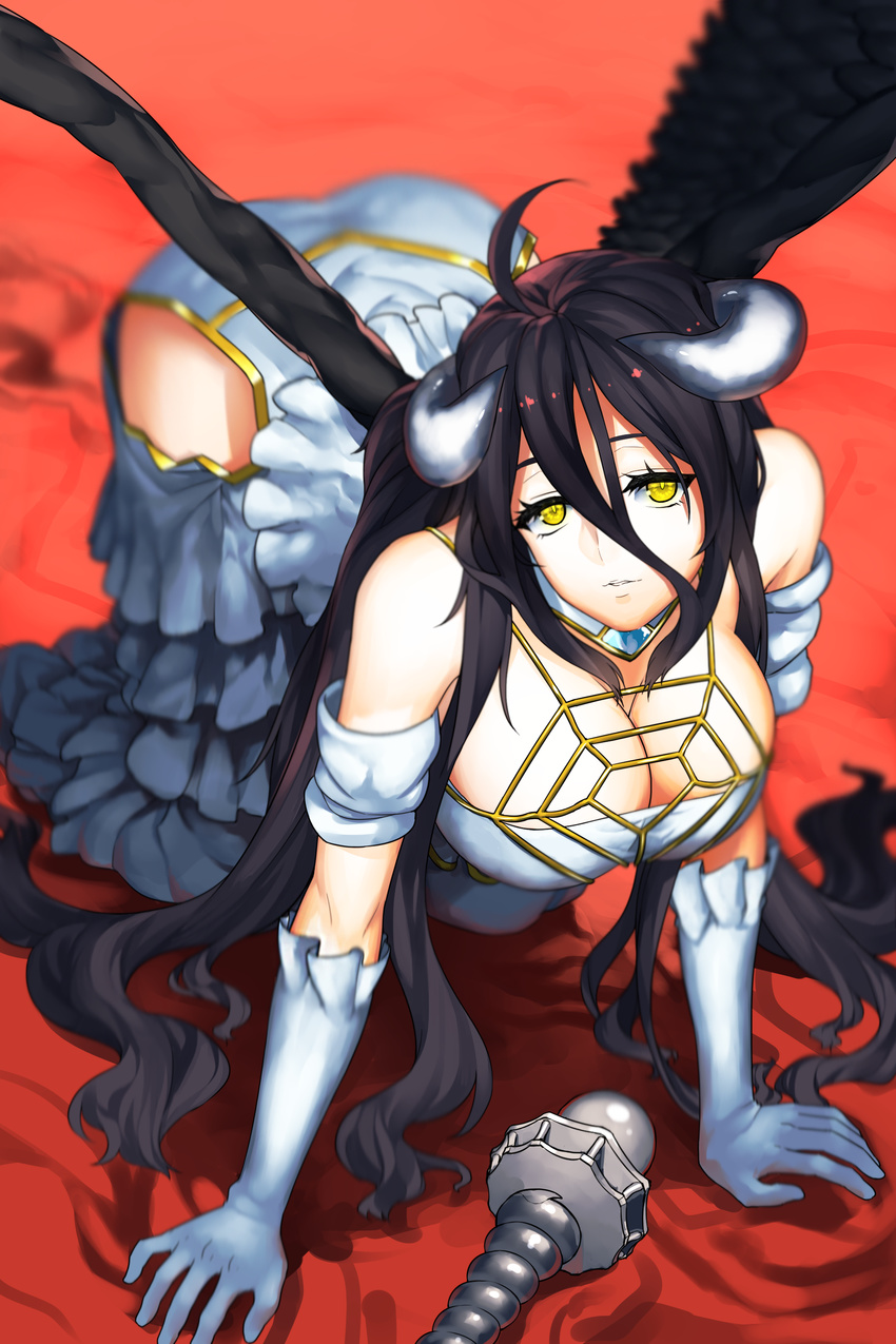 absurdres ahoge albedo all_fours bad_id bad_pixiv_id bare_shoulders black_hair black_wings blurry breasts cleavage demon_girl demon_horns depth_of_field gloves harumaki_haruki highres horns large_breasts long_hair looking_at_viewer overlord_(maruyama) solo wings yellow_eyes