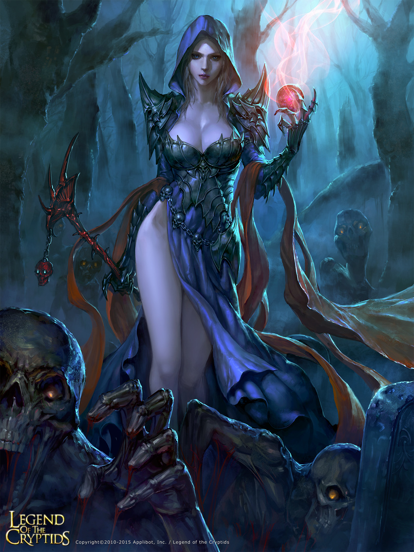 armor armored_dress bare_legs blonde_hair blood blue_dress blue_eyes breastplate breasts cleavage company_name copyright_name dress expressionless fantasy forest gauntlets glowing glowing_eyes gown highres hip_bones hood large_breasts legend_of_the_cryptids lips looking_at_viewer magic nature night no_panties orb outdoors ozma pauldrons shawl shoulder_spikes side_slit skull solo spikes staff standing teeth tombstone tree watermark zombie