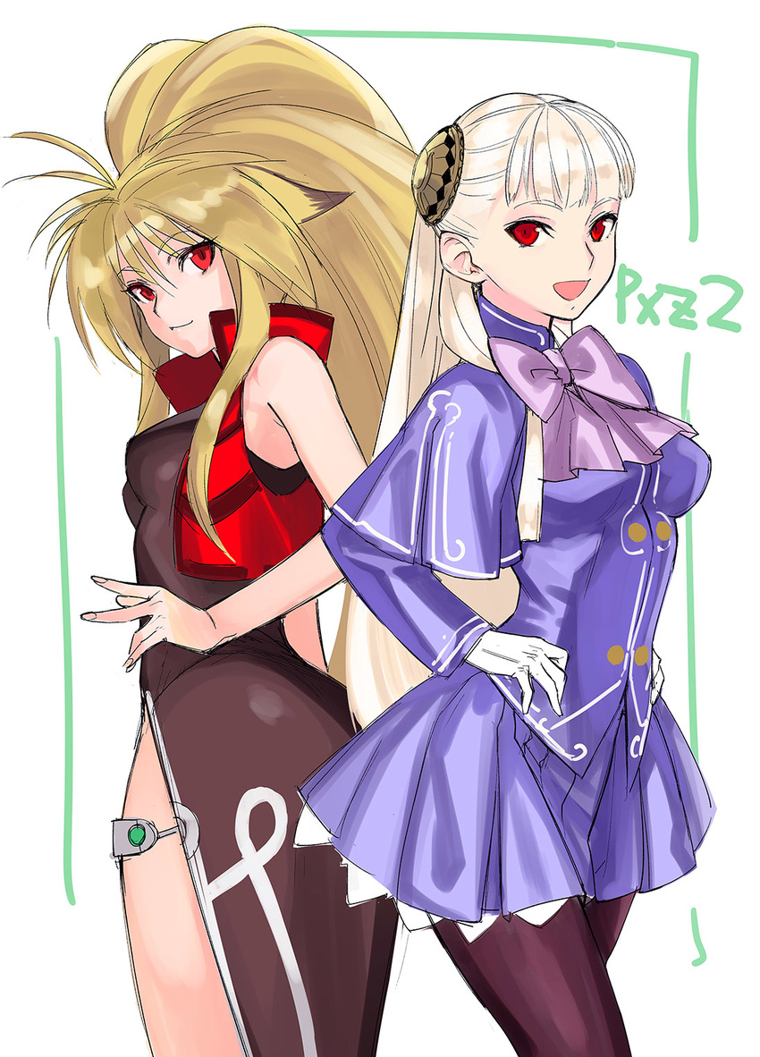 :3 :d ass back-to-back black_legwear blonde_hair breasts capcom_fighting_jam crossover dress gloves hands_on_hips highres ingrid long_hair looking_at_viewer medium_breasts multiple_girls namco_x_capcom open_mouth pantyhose ponytail project_x_zone project_x_zone_2 red_eyes smile tetsu_(kimuchi) white_gloves white_hair xiaomu