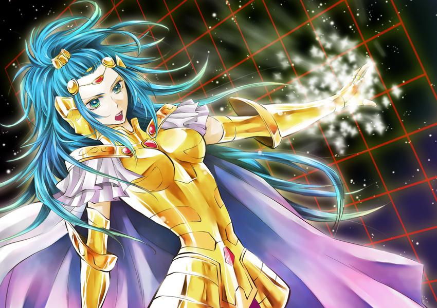 armor bad_id bad_pixiv_id blue_eyes blue_hair cape gauntlets gemini_integra gloves naki_(doll79) open_mouth saint_seiya saint_seiya_omega solo