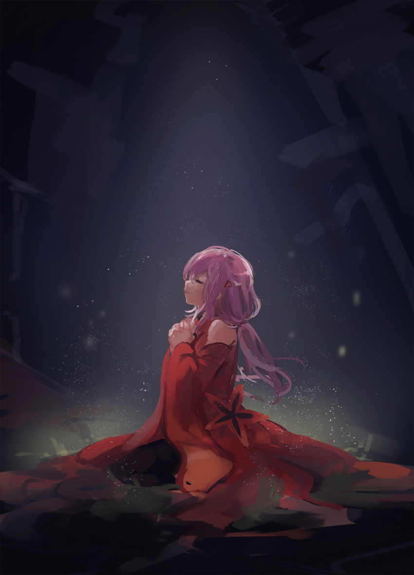 anonymous_drawfag bare_shoulders black_legwear center_opening detached_sleeves dress dust guilty_crown hair_ornament hairclip highres kneeling long_hair long_sleeves pantyhose pink_hair praying red_dress simple_background solo source_request thighhighs twintails yuzuriha_inori