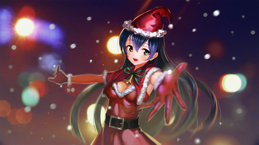 :d bell belt blue_hair blurry blush bokeh breasts christmas cleavage depth_of_field fur_trim gloves hat highres love_live! love_live!_school_idol_project medium_breasts open_mouth perspective santa_costume santa_hat smile solo sonoda_umi ushas yellow_eyes