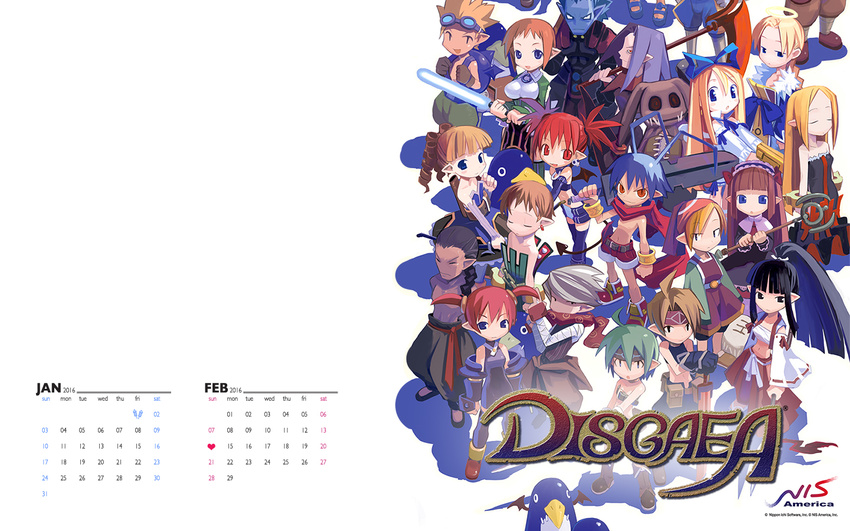 6+boys 6+girls :d :o antenna_hair archer_(disgaea) backpack bag bandages bandana bandeau bangs bare_shoulders bat_wings belt beltbra bird black_hair black_legwear blonde_hair blue_hair blunt_bangs bodysuit bow bow_(weapon) bracelet braid breasts brown_hair calendar_(medium) chain closed_eyes collar copyright_name dated demon_girl demon_tail detached_sleeves disgaea drill_hair earrings etna everyone february female_angel_(disgaea) female_brawler_(disgaea) female_warrior_(disgaea) flat_chest flonne forehead_protector fur_trim gloves goggles goggles_on_head gradient green_hair grey_skin gun hair_bow hair_over_shoulder hairband hakama half-closed_eyes halo hand_on_hilt handgun harada_takehito headband healer_(disgaea) high_ponytail hip_vent holding holding_weapon huge_weapon january japanese_clothes jewelry laharl logo lolita_hairband long_hair looking_at_viewer mage_(disgaea) magic_knight_(disgaea) majin_(disgaea) makai_senki_disgaea male_brawler_(disgaea) male_healer_(disgaea) male_warrior_(disgaea) mid-boss_(disgaea) midriff miniskirt multiple_boys multiple_girls navel ninja_(disgaea) official_art open_mouth orange_hair outstretched_arms over_shoulder pantyhose pencil_skirt penguin planted_sword planted_weapon pointy_ears polearm ponytail pouch prinny quiver red_hair ribbon_trim ronin_(disgaea) sarashi sash scarf scout_(disgaea) scythe shadow shirtless short_hair short_twintails shorts sidelocks silver_hair simple_background single_braid skirt skull skull_(disgaea) skull_earrings slit_pupils smile spear spiked_hair staff standing stitches stuffed_animal stuffed_toy sword tail thief_(disgaea) thighhighs twintails very_long_hair wallpaper weapon weapon_over_shoulder white_background widescreen wings