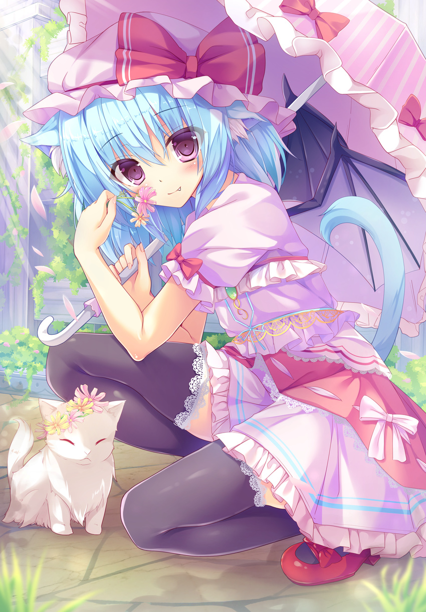 ^_^ absurdres animal animal_ears bat_wings black_legwear blue_hair blush bow cat cat_ears cat_tail closed_eyes cosmos_(flower) dress emerald fang fang_out flower flower_wreath frills garden gem hat hat_bow head_wreath highres holding holding_flower jewelry kemonomimi_mode kinokomushi lace lace-trimmed_thighhighs looking_at_viewer mary_janes outdoors petals pink_dress purple_eyes red_bow red_footwear remilia_scarlet shoes short_hair smile solo squatting tail thighhighs touhou umbrella vampire white_fur wings zettai_ryouiki