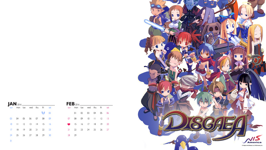 6+boys 6+girls :d :o antenna_hair archer_(disgaea) backpack bag bandages bandana bandeau bangs bare_shoulders bat_wings belt beltbra bird black_hair black_legwear blonde_hair blue_hair blunt_bangs bodysuit bow bow_(weapon) bracelet braid breasts brown_hair calendar_(medium) chain closed_eyes collar copyright_name dated demon_girl demon_tail detached_sleeves disgaea drill_hair earrings etna everyone february female_angel_(disgaea) female_brawler_(disgaea) female_warrior_(disgaea) flat_chest flonne forehead_protector fur_trim gloves goggles goggles_on_head gradient green_hair grey_skin gun hair_bow hair_over_shoulder hairband hakama half-closed_eyes halo hand_on_hilt handgun harada_takehito headband healer_(disgaea) high_ponytail highres hip_vent holding holding_weapon huge_weapon january japanese_clothes jewelry laharl logo lolita_hairband long_hair looking_at_viewer mage_(disgaea) magic_knight_(disgaea) majin_(disgaea) makai_senki_disgaea male_brawler_(disgaea) male_healer_(disgaea) male_warrior_(disgaea) mid-boss_(disgaea) midriff miniskirt multiple_boys multiple_girls navel ninja_(disgaea) official_art open_mouth orange_hair outstretched_arms over_shoulder pantyhose pencil_skirt penguin planted_sword planted_weapon pointy_ears polearm ponytail pouch prinny quiver red_hair ribbon_trim ronin_(disgaea) sarashi sash scarf scout_(disgaea) scythe shadow shirtless short_hair short_twintails shorts sidelocks silver_hair simple_background single_braid skirt skull skull_(disgaea) skull_earrings slit_pupils smile spear spiked_hair staff standing stitches stuffed_animal stuffed_toy sword tail thief_(disgaea) thighhighs twintails very_long_hair wallpaper weapon weapon_over_shoulder white_background widescreen wings