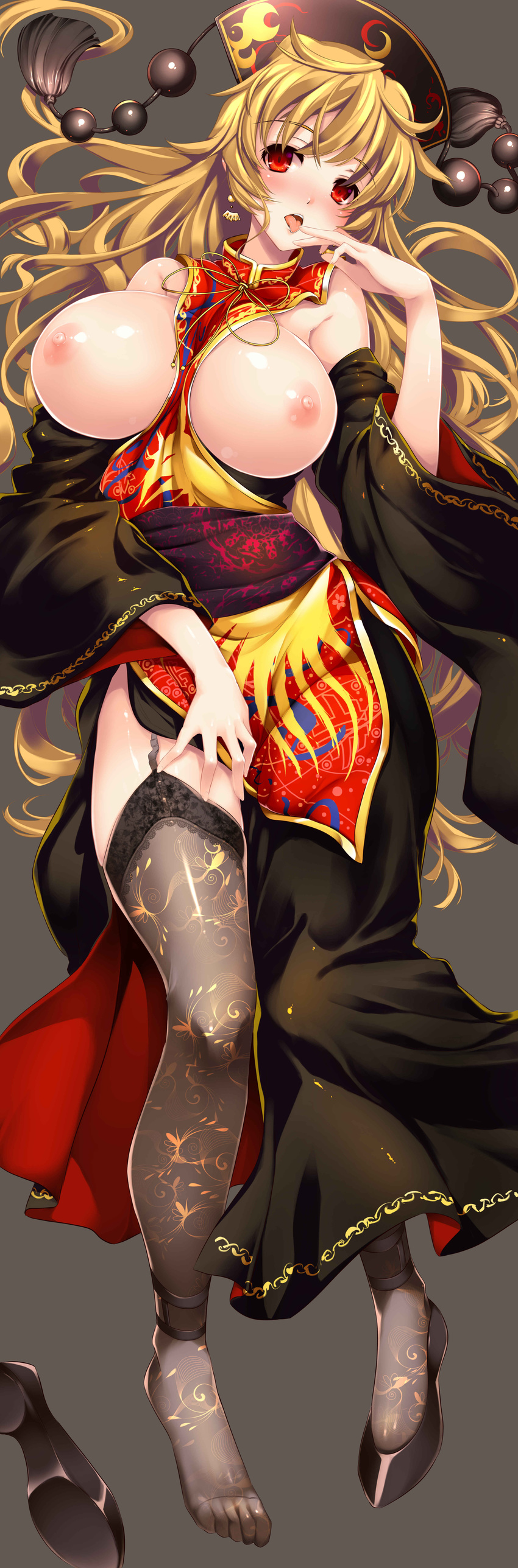 absurdres bad_revision black_dress black_footwear black_legwear blonde_hair blush breasts breasts_outside dakimakura dress feet full_body garter_straps hand_on_leg high_heels highres junko_(touhou) lace lace-trimmed_thighhighs large_breasts long_hair long_sleeves looking_at_viewer lying mature md5_mismatch nipples no_shoes on_back open_mouth ouma_tokiichi print_legwear red_eyes sash shiny shiny_skin shoes shoes_removed simple_background single_shoe solo thighhighs tongue tongue_out touhou very_long_hair wide_sleeves