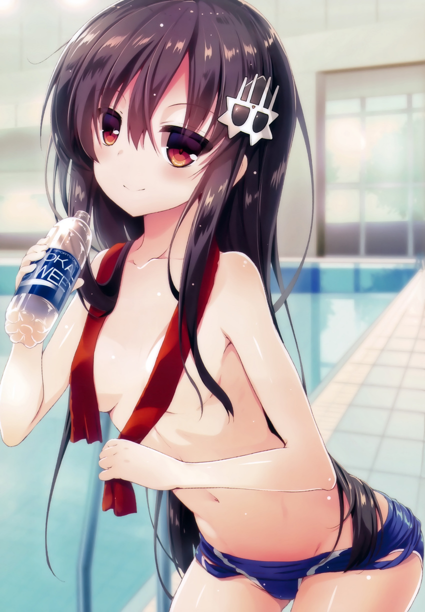 absurdres akahito bangs black_hair blue_swimsuit blurry blush bottle breasts cloud collarbone competition_school_swimsuit convenient_censoring day depth_of_field drink groin hair_between_eyes hair_ornament highres holding holding_bottle indoors leaning_forward long_hair looking_at_viewer maou_na_anoko_to_murabito_a navel one-piece_swimsuit parted_bangs pool pool_ladder poolside red_eyes red_towel reflection ryuugamine_ouko scan sky small_breasts smile solo swimsuit swimsuit_pull tile_floor tiles topless towel towel_around_neck tree very_long_hair water water_bottle window